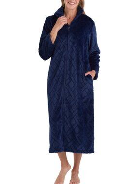 Miss Elaine Women's Long Zip-Front Fleece Robe - Midnight Blue Size L  22292